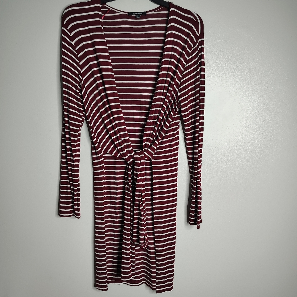 Women's Maroon White Striped Twist Tie Slit Cardigan Women's Size Small